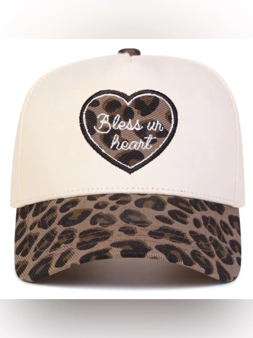 LEOPARD Print Heart "Bless ur heart" Baseball Cap - Cream & Brown - Picture 1 of 4